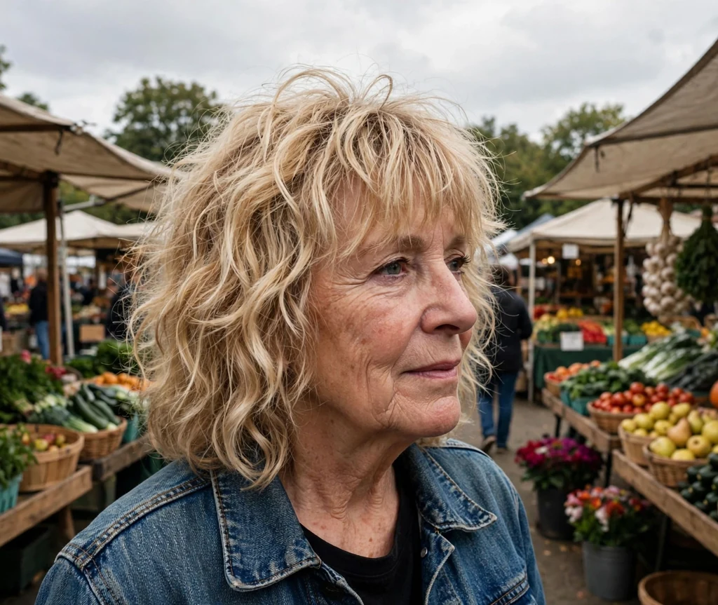 Medium curly shag haircut with choppy bangs on a woman over 50