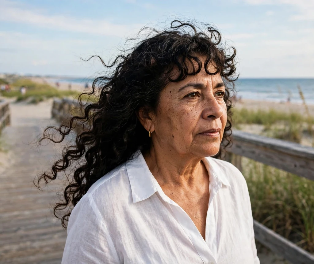 Long spiral curls with a curly fringe on a woman in her 50s