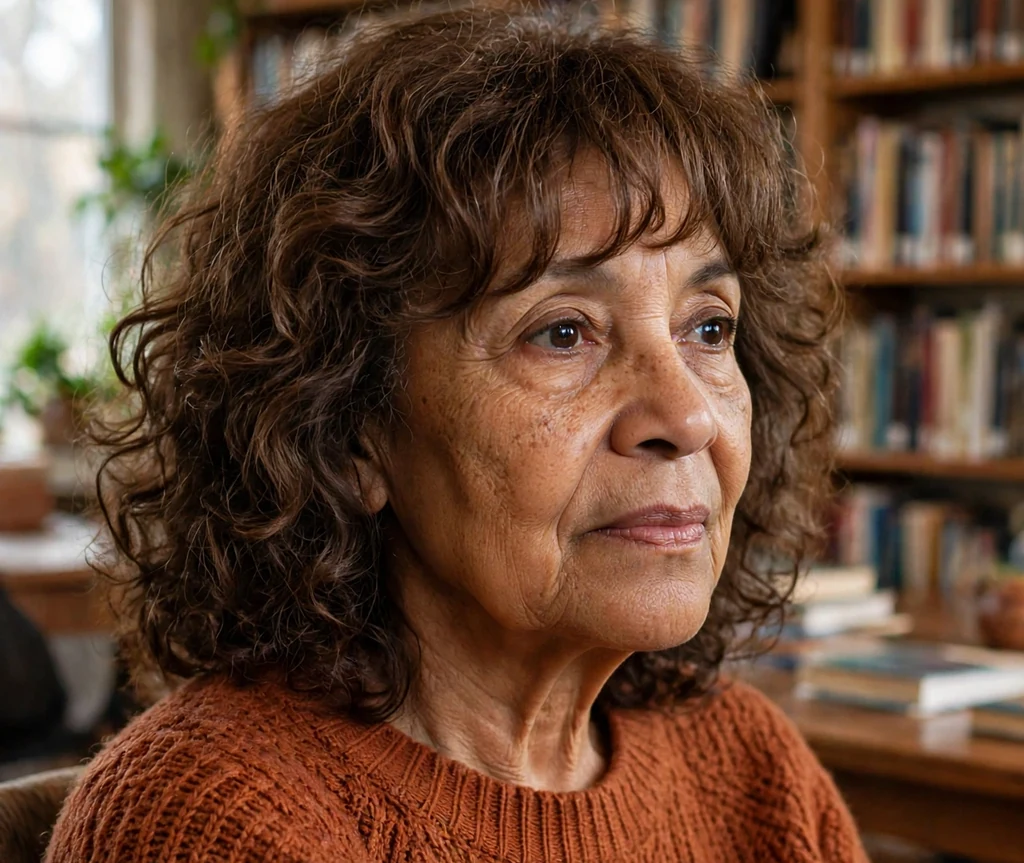 Curly lob with face-framing bangs on a woman in her 60s