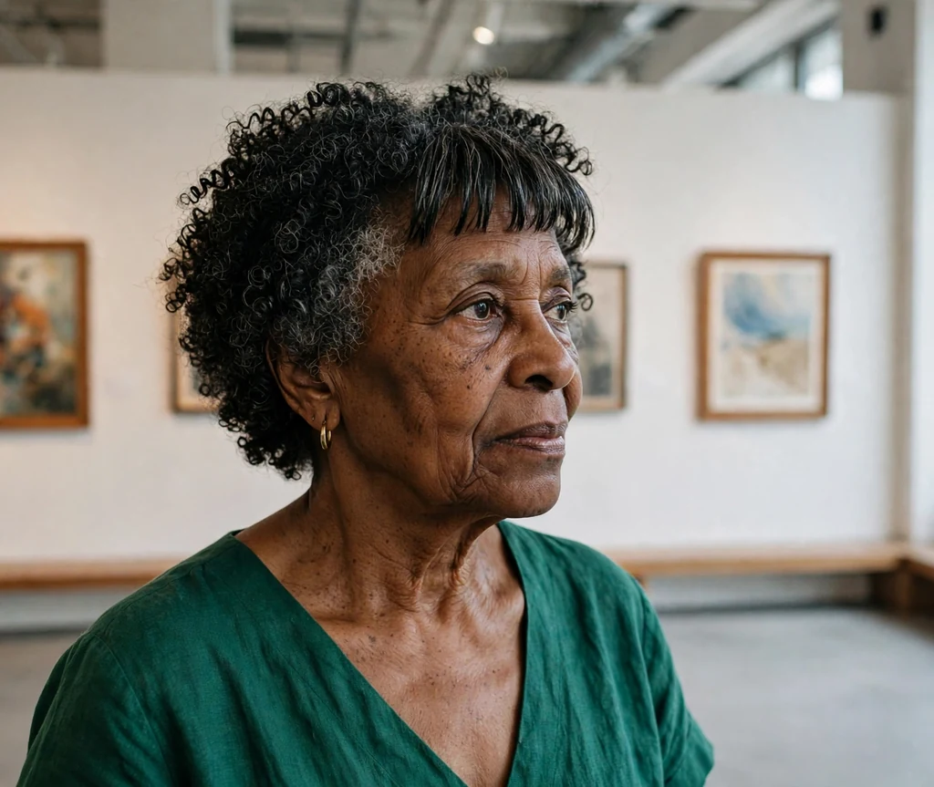 Tight coily curls with baby bangs on a Black woman in her 60s