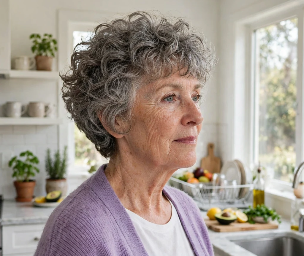 Curly stacked bob with textured bangs on a woman over 50