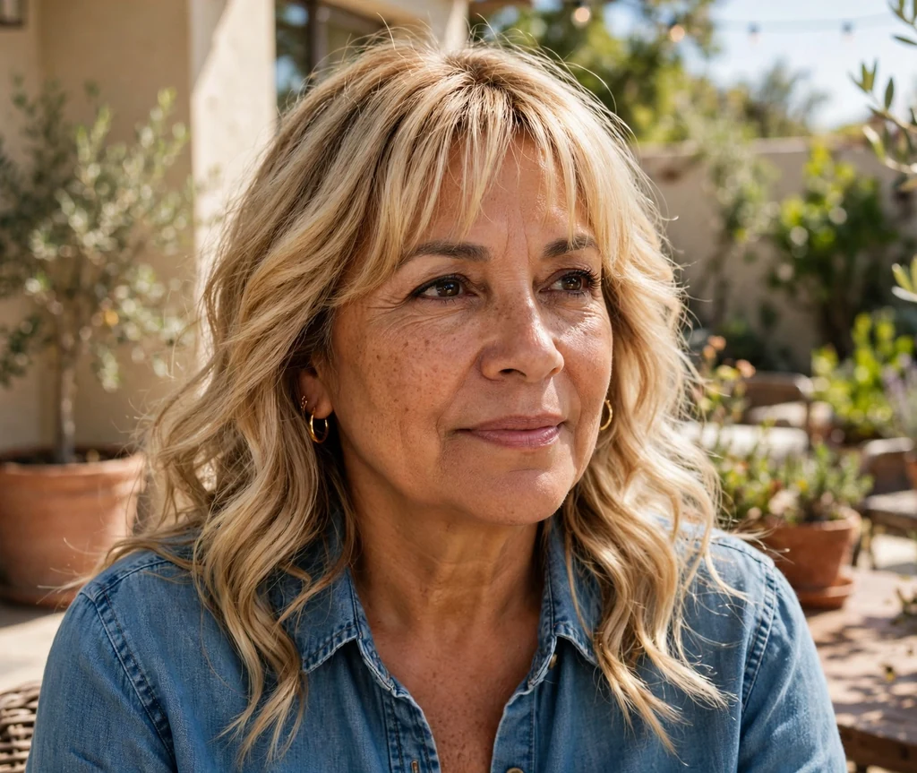 Loose beach waves with soft bangs on a woman in her 50s