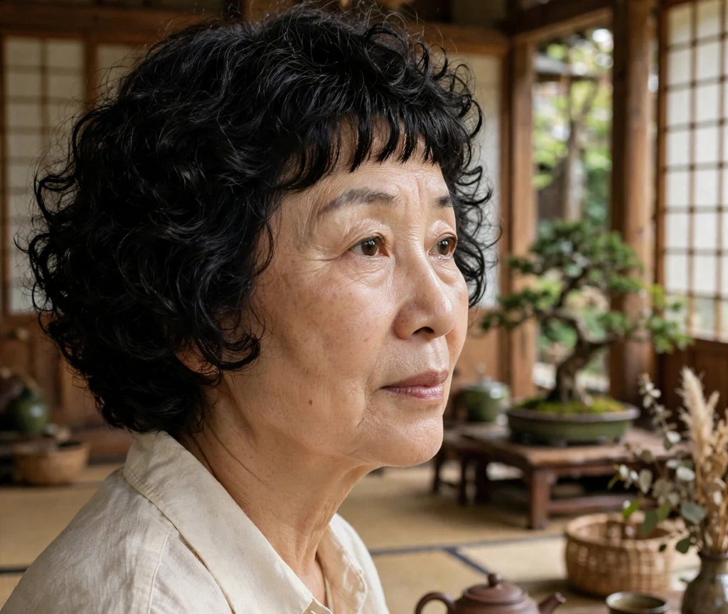 Curly French bob with micro bangs on a woman in her late 50s