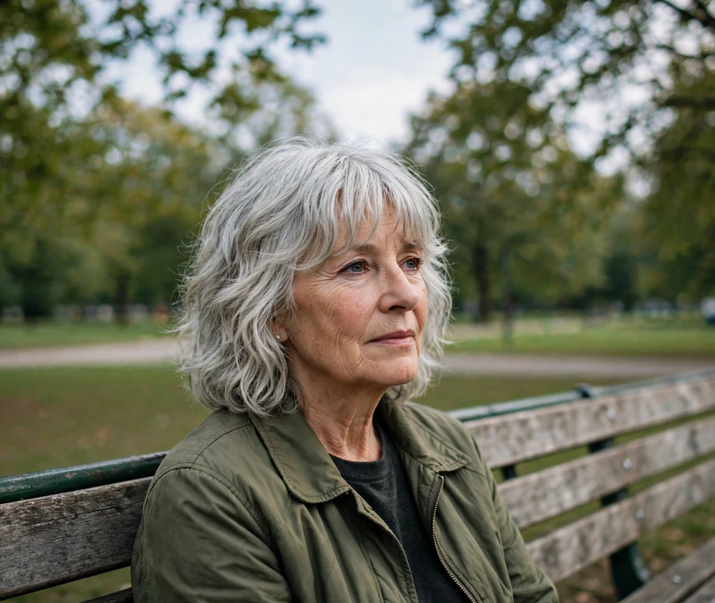 Wavy shag haircut with curtain fringe on a woman over 50