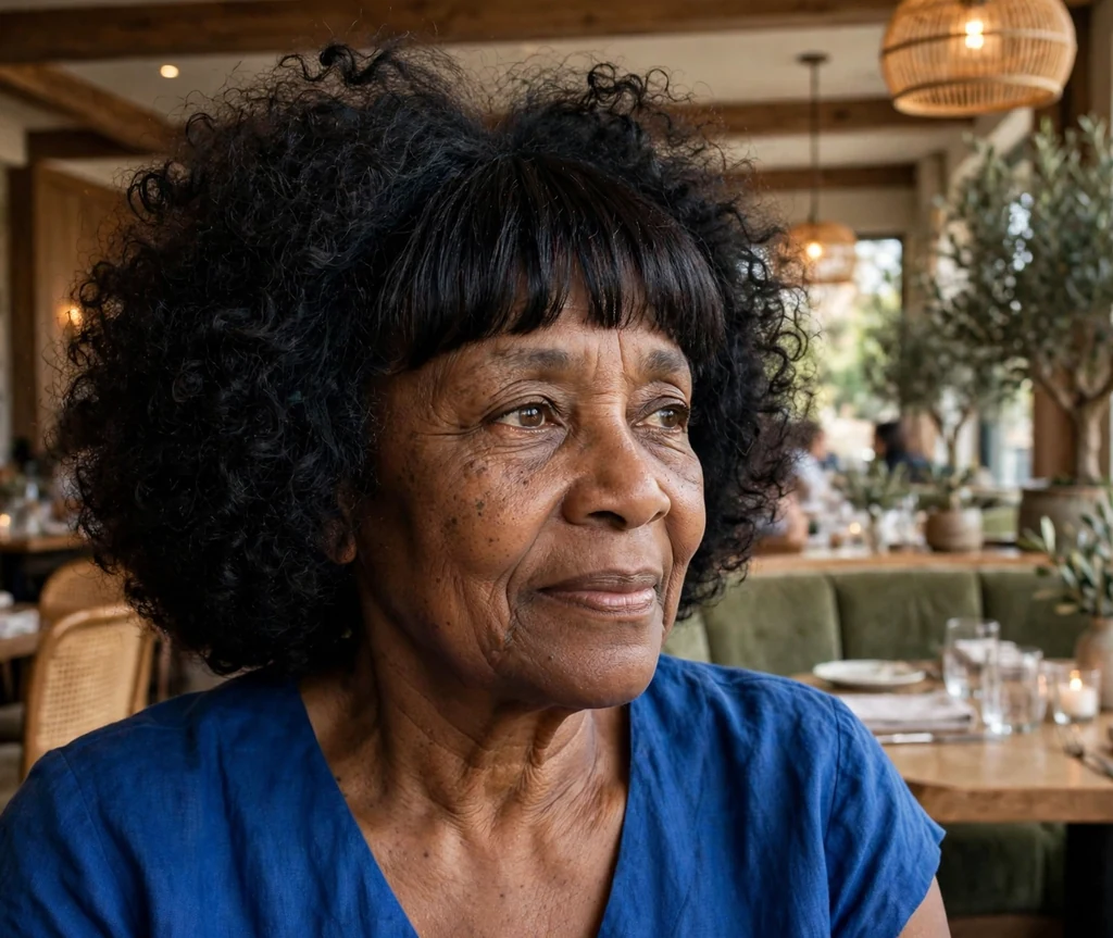 Rounded curly haircut with straight-across bangs on a woman over 50