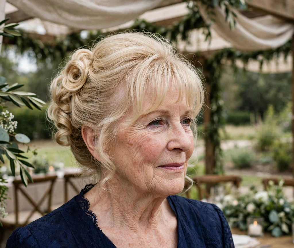 Curly updo with loose bangs on a woman in her 60s