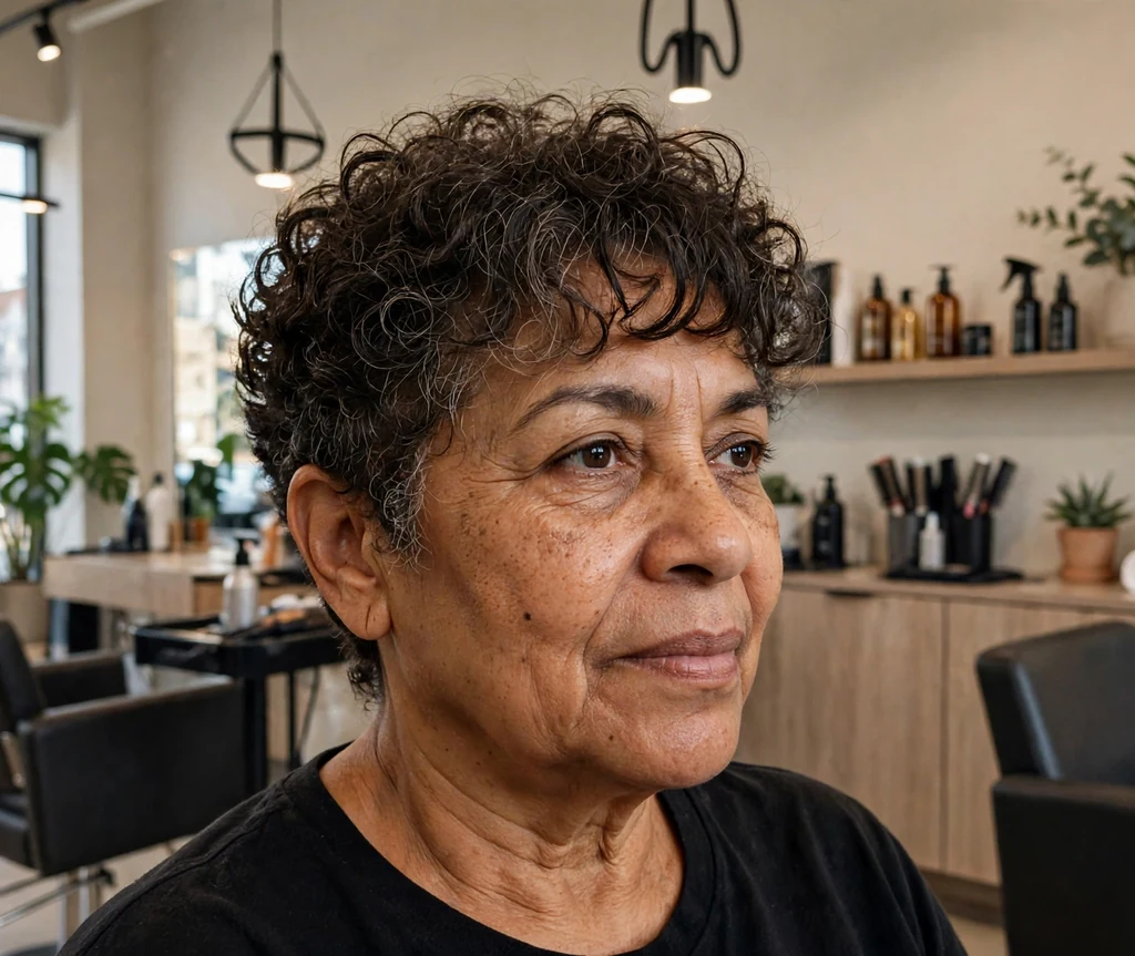 Short curly tapered cut with bangs on a Black woman over 50