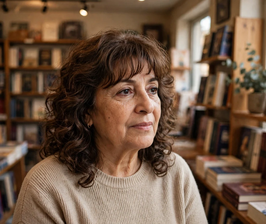 Medium-length curly layers with wispy fringe on a woman in her 50s