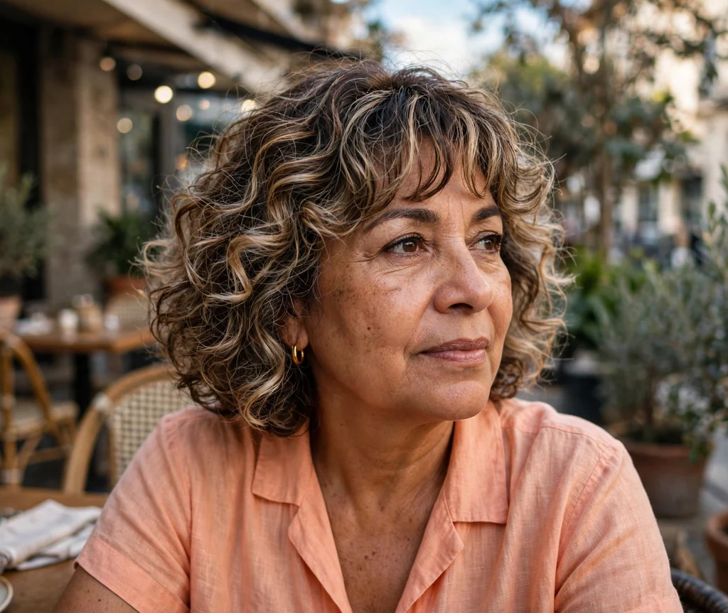 Curly balayage bob with feathered fringe on a woman in her late 50s