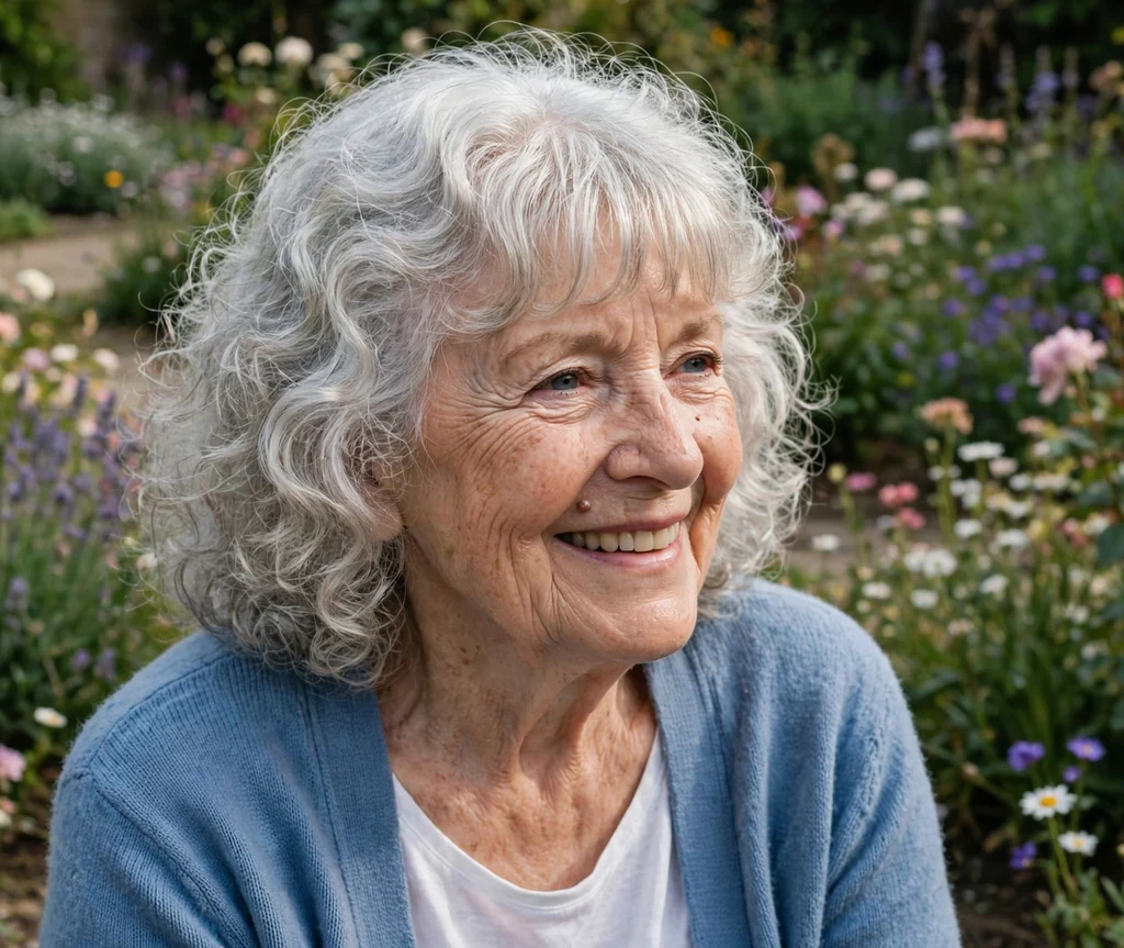 Silver curly hair with soft bangs on a woman in her late 60s