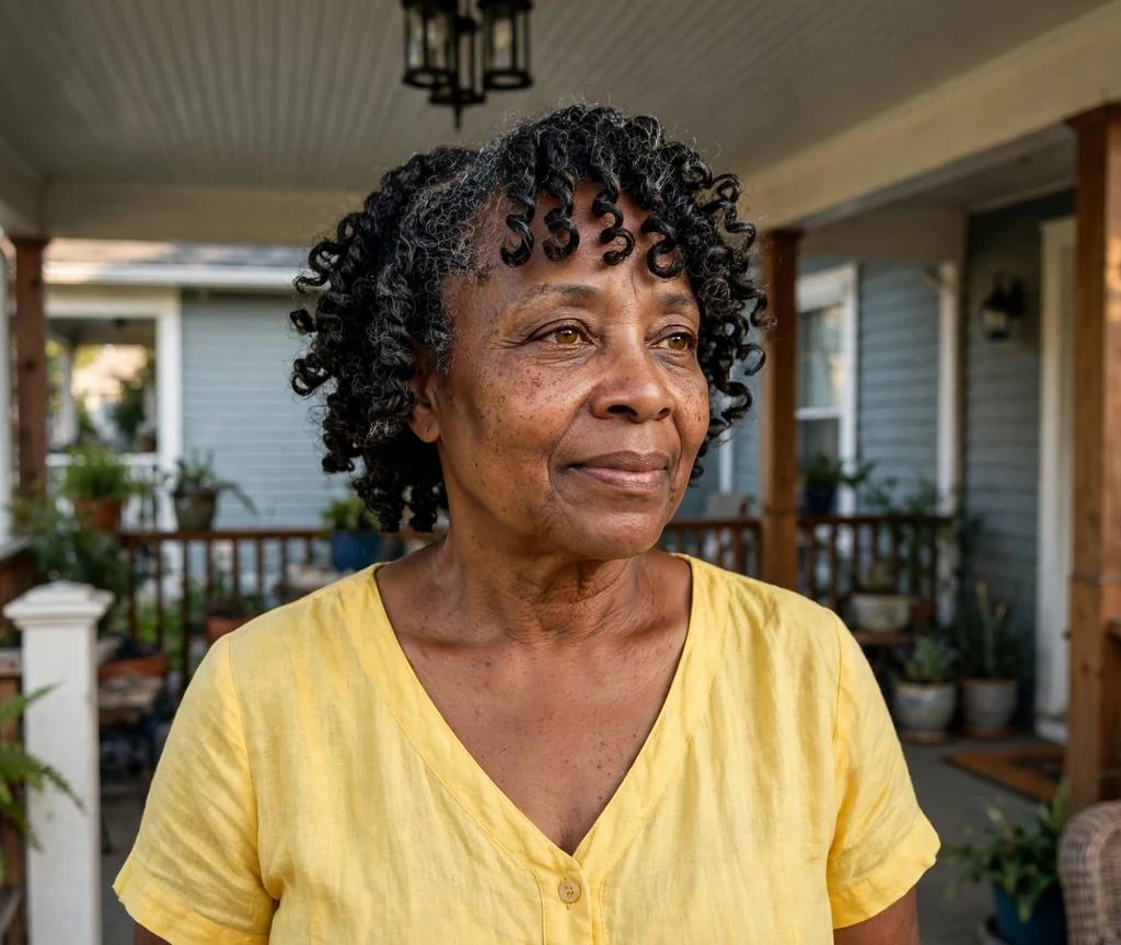 Curly twist-out hairstyle with curly bangs on a Black woman in her 50s