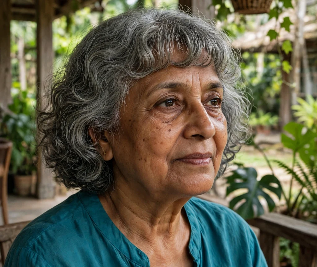 Curly chin bob with arched bangs on a woman in her 60s