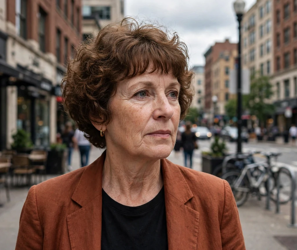 Curly wedge haircut with bangs on a woman over 50