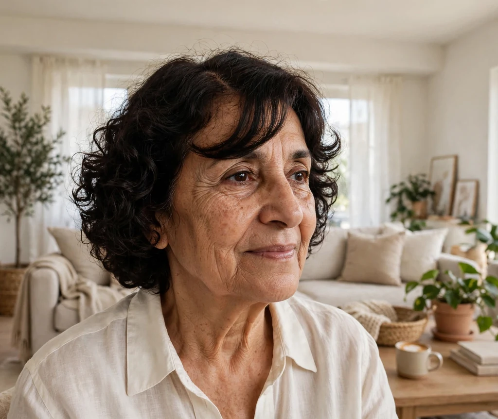 Curly bob with deep side part and bangs on a woman in her late 50s