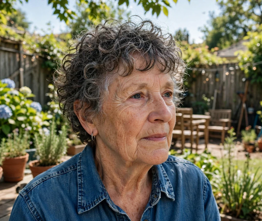 Salt-and-pepper curly crop with bangs on a woman in her 60s