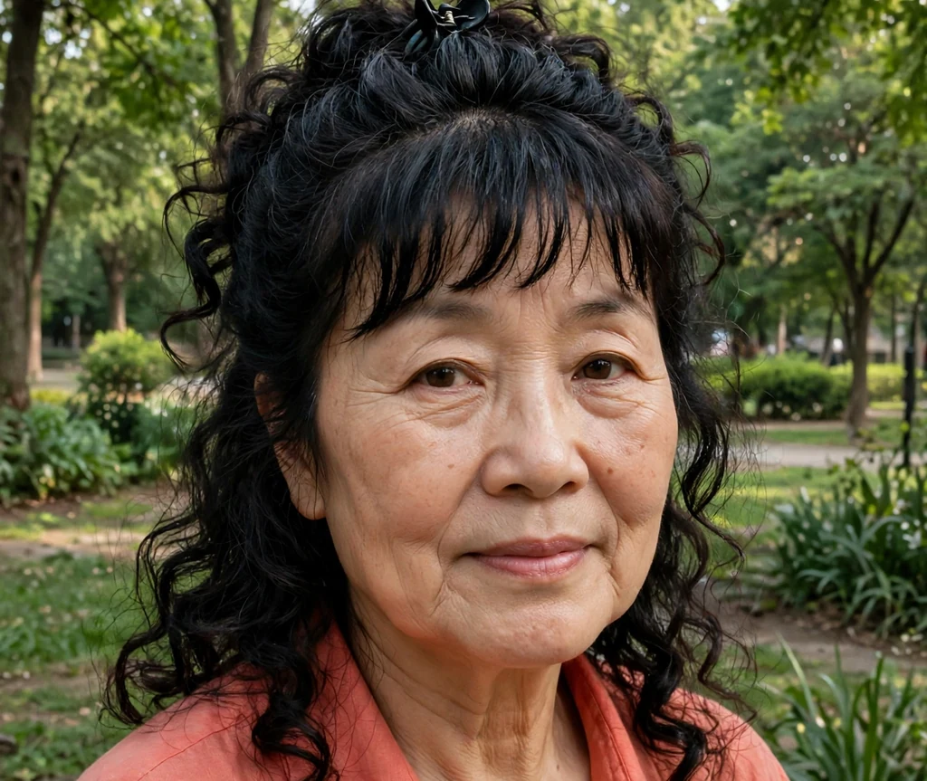 Curly half-up hairstyle with bangs on a woman over 50