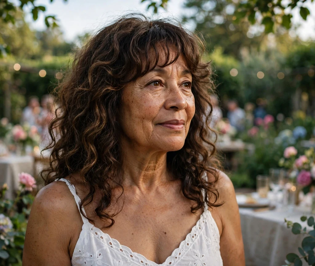Long curly layers with soft bangs on a woman in her 50s