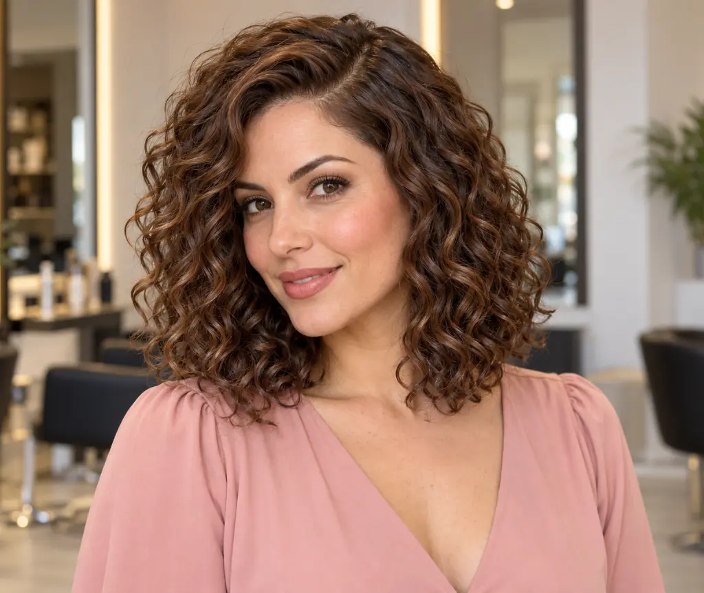 Curly Lob Wig with a Side Part
