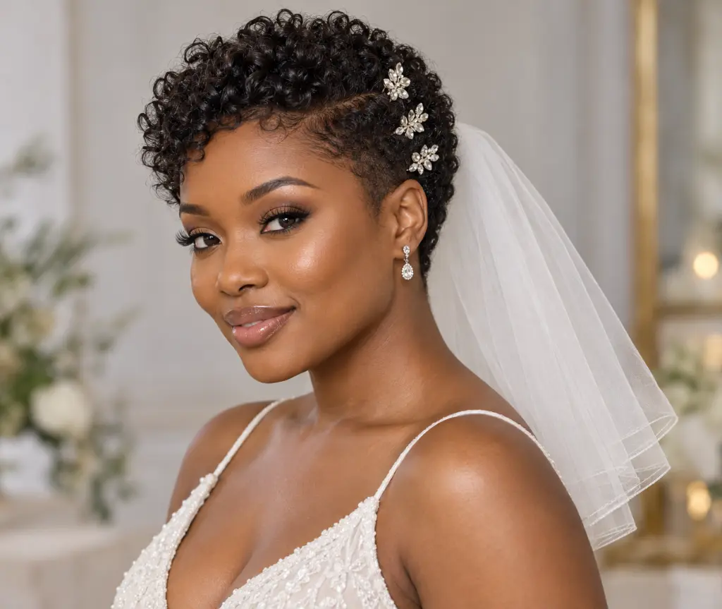 Curly Pixie with Crystal Hairpins and a Short Veil