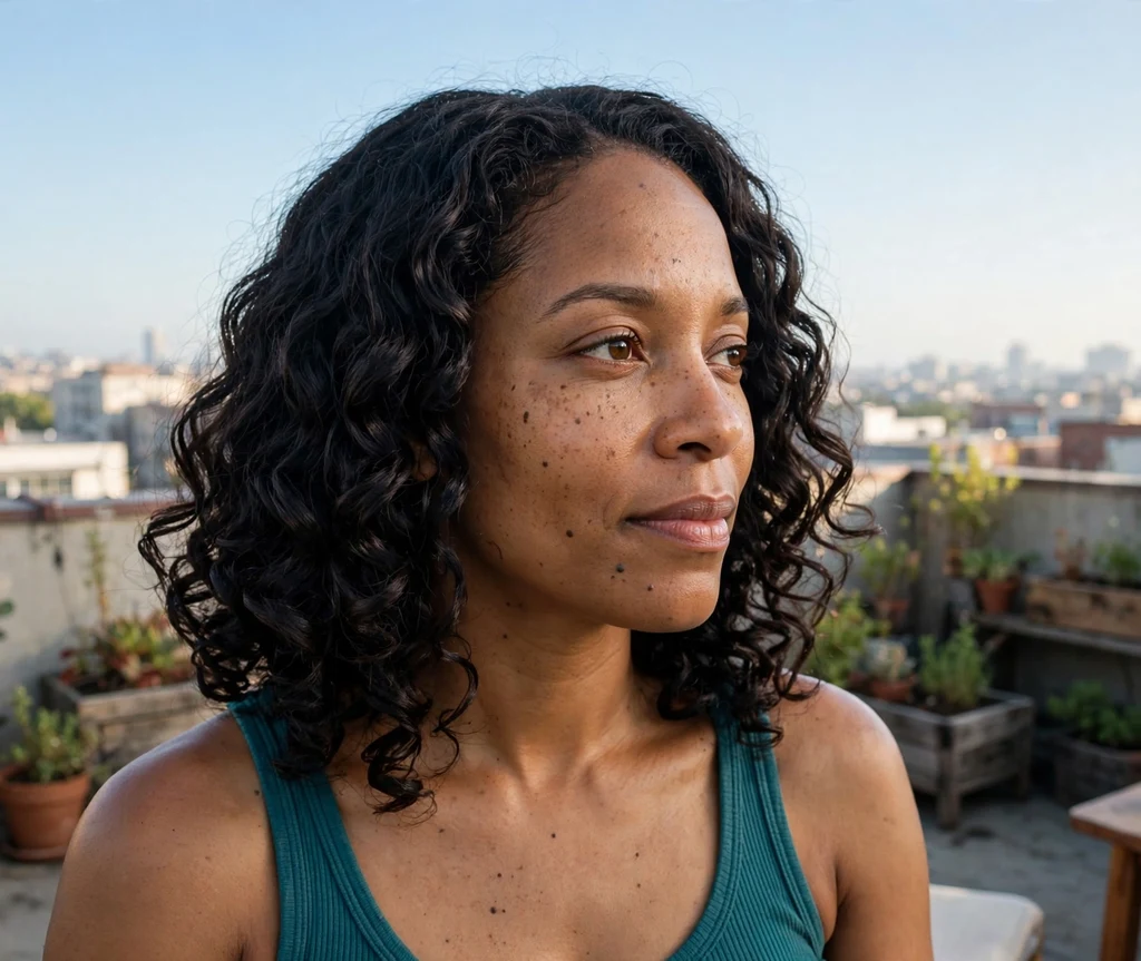 Woman with glossy defined wash-and-go curls on a rooftop patio