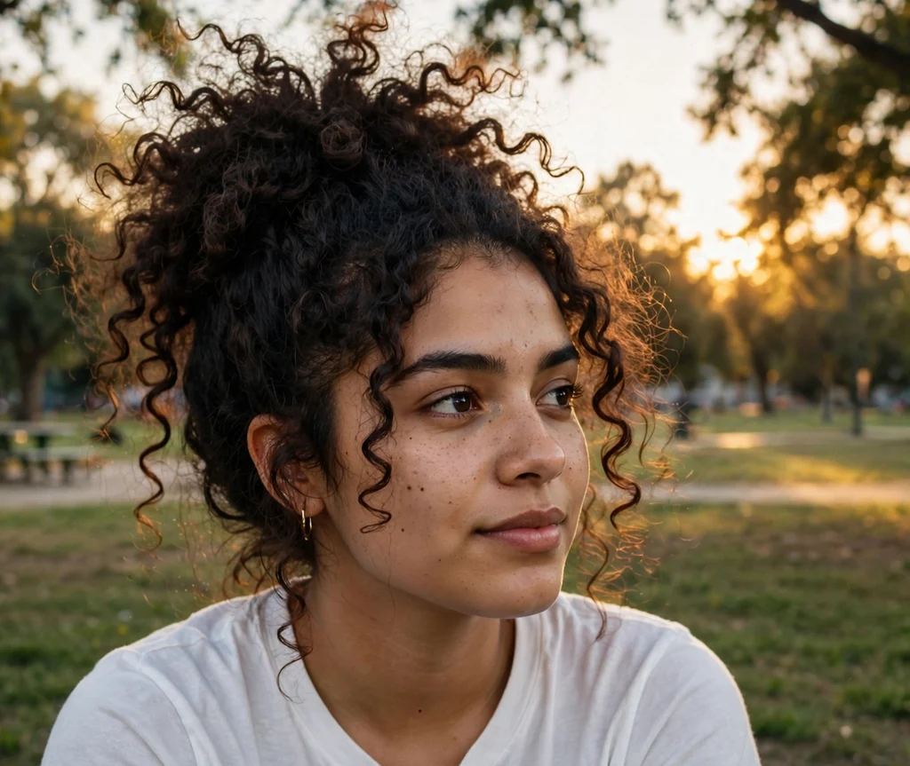 Woman with a high pineapple puff of curls in a park