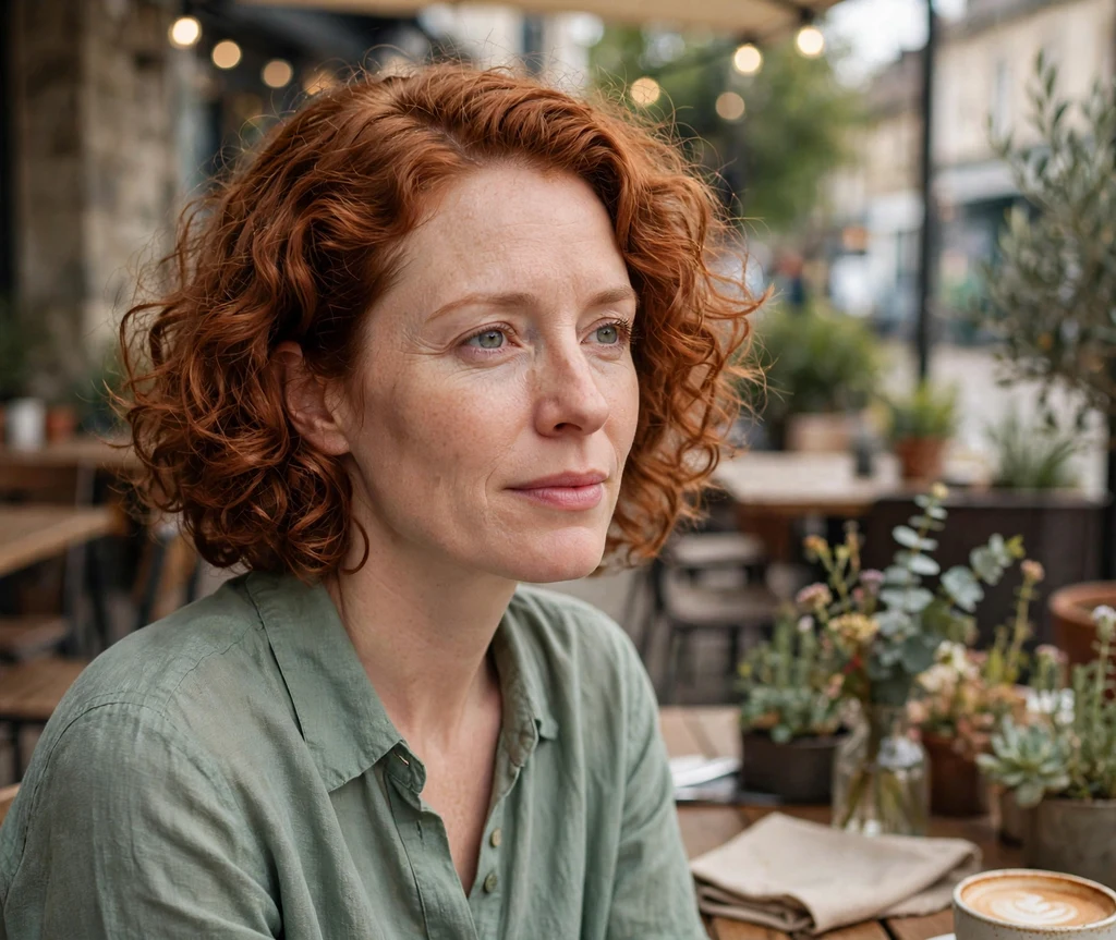 Woman with a copper-red curly bob and deep side part at a cafe