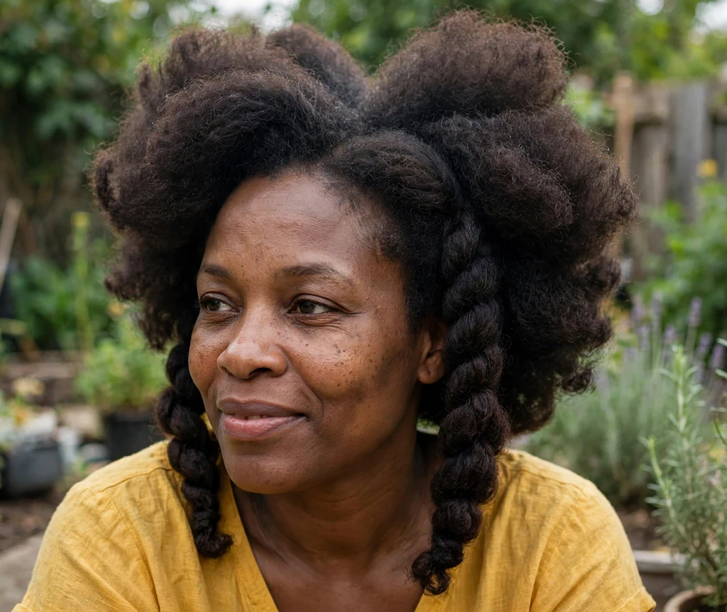 Woman with a big rounded twist-out hairstyle in a garden