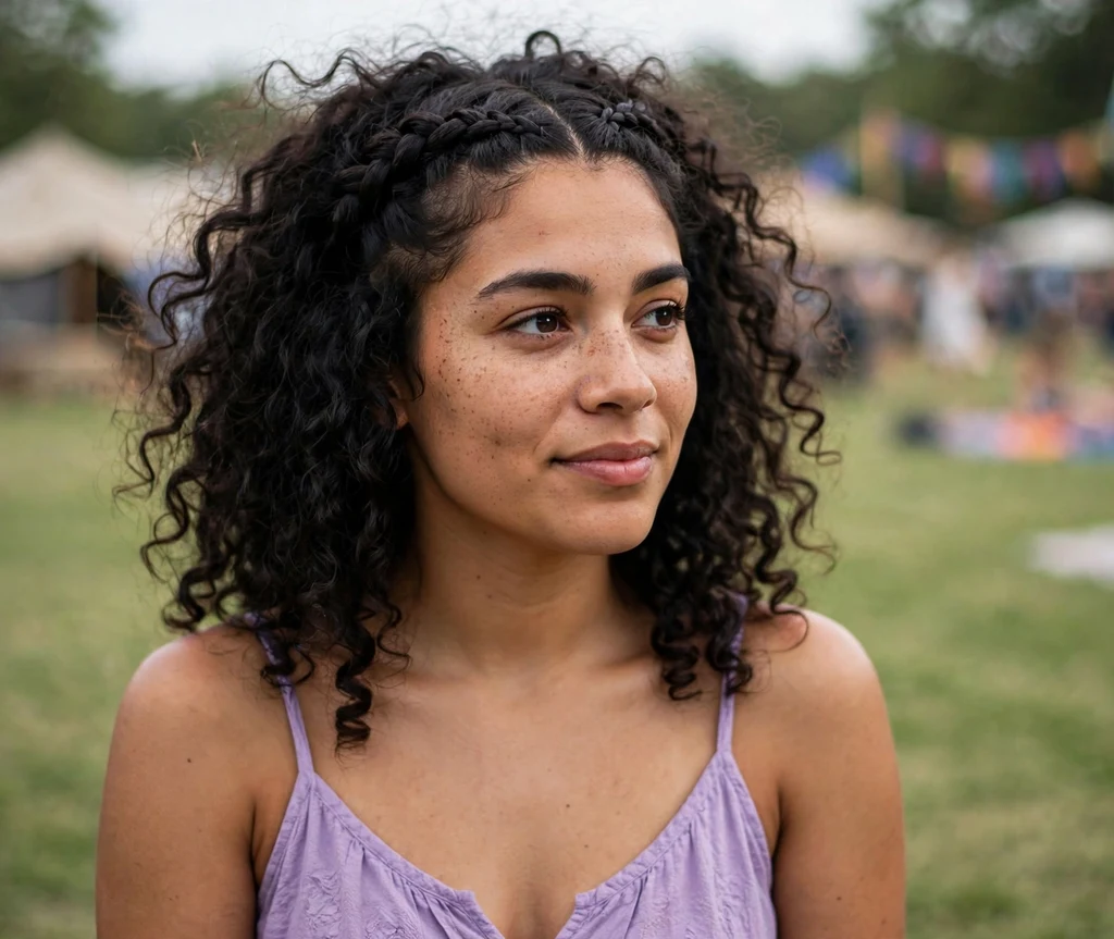 Woman with a braided crown on curly hair at a festival