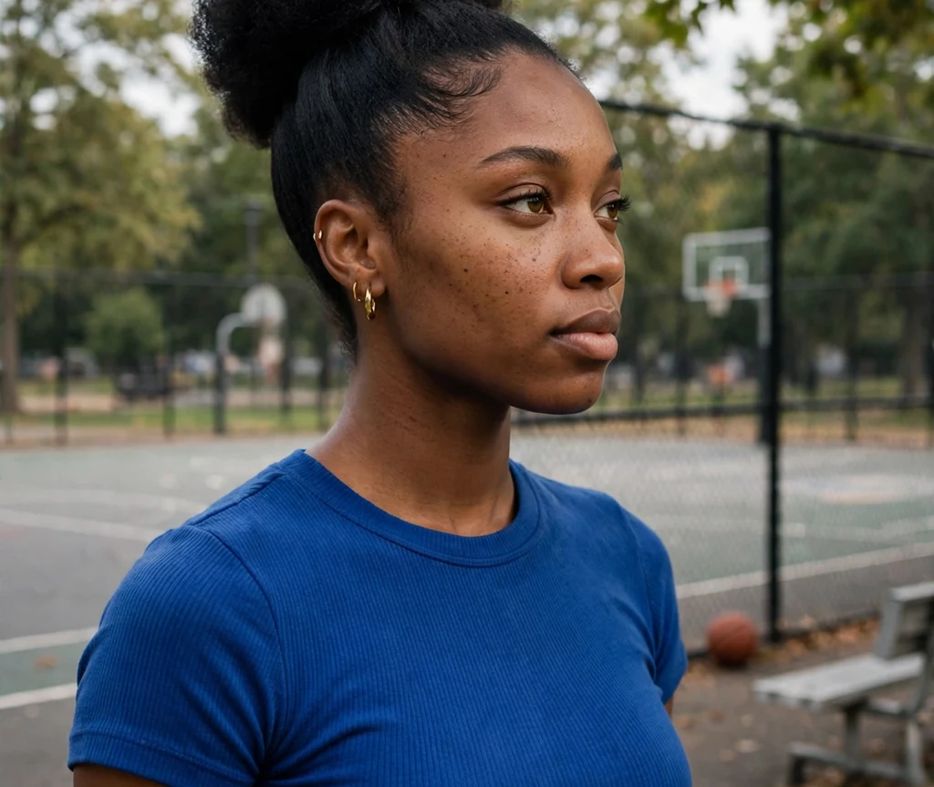 Woman with a high sleek curly puff at a basketball court