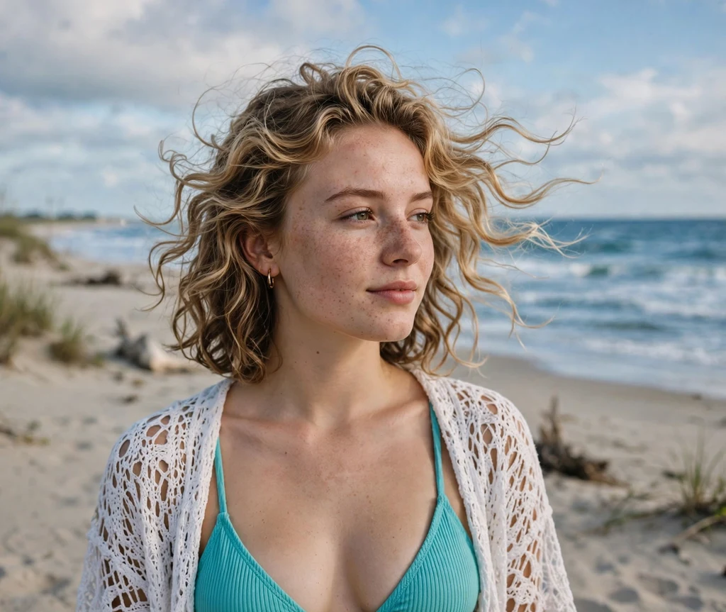 Woman with wind-tousled beach curls on the sand
