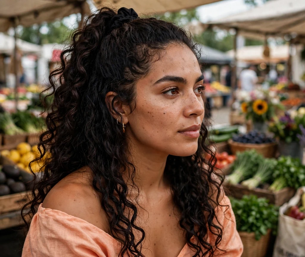 Woman with a half-up curly ponytail at a farmers market