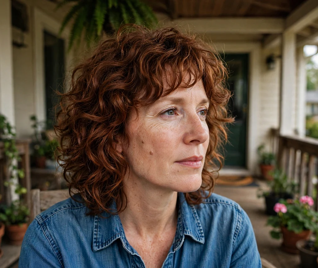 Woman with a layered curly shag haircut on a porch