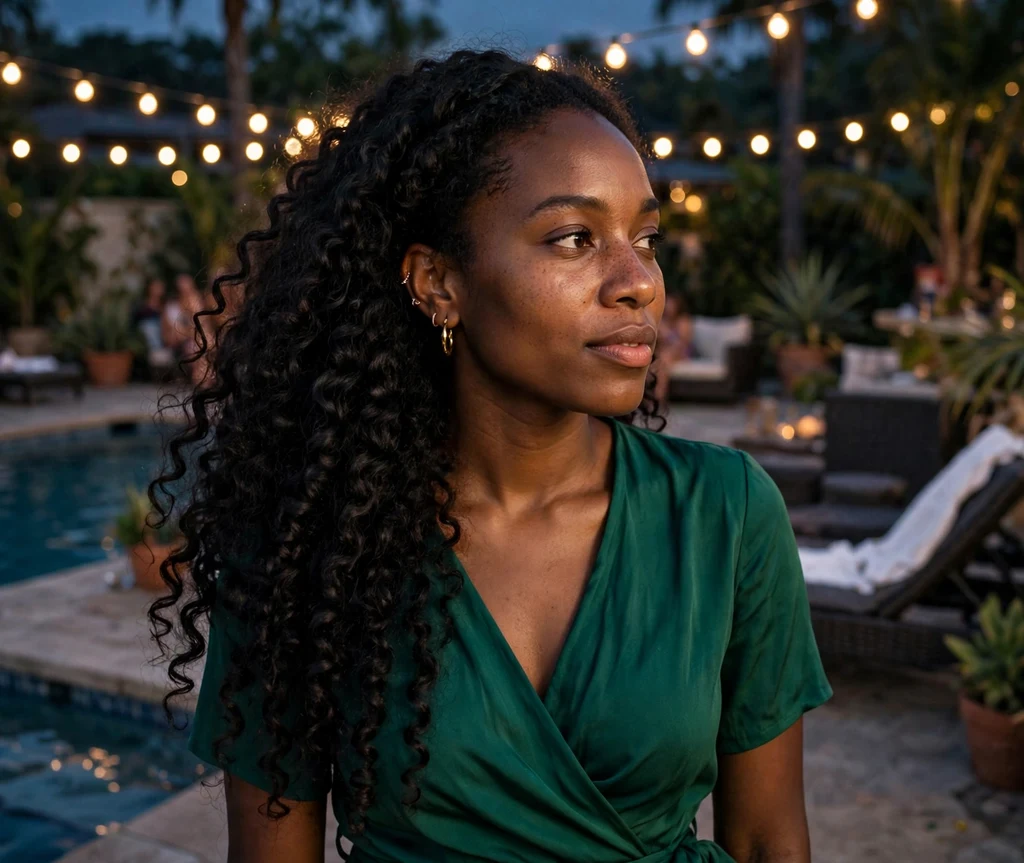 Woman with long curls swept over one shoulder at a pool party