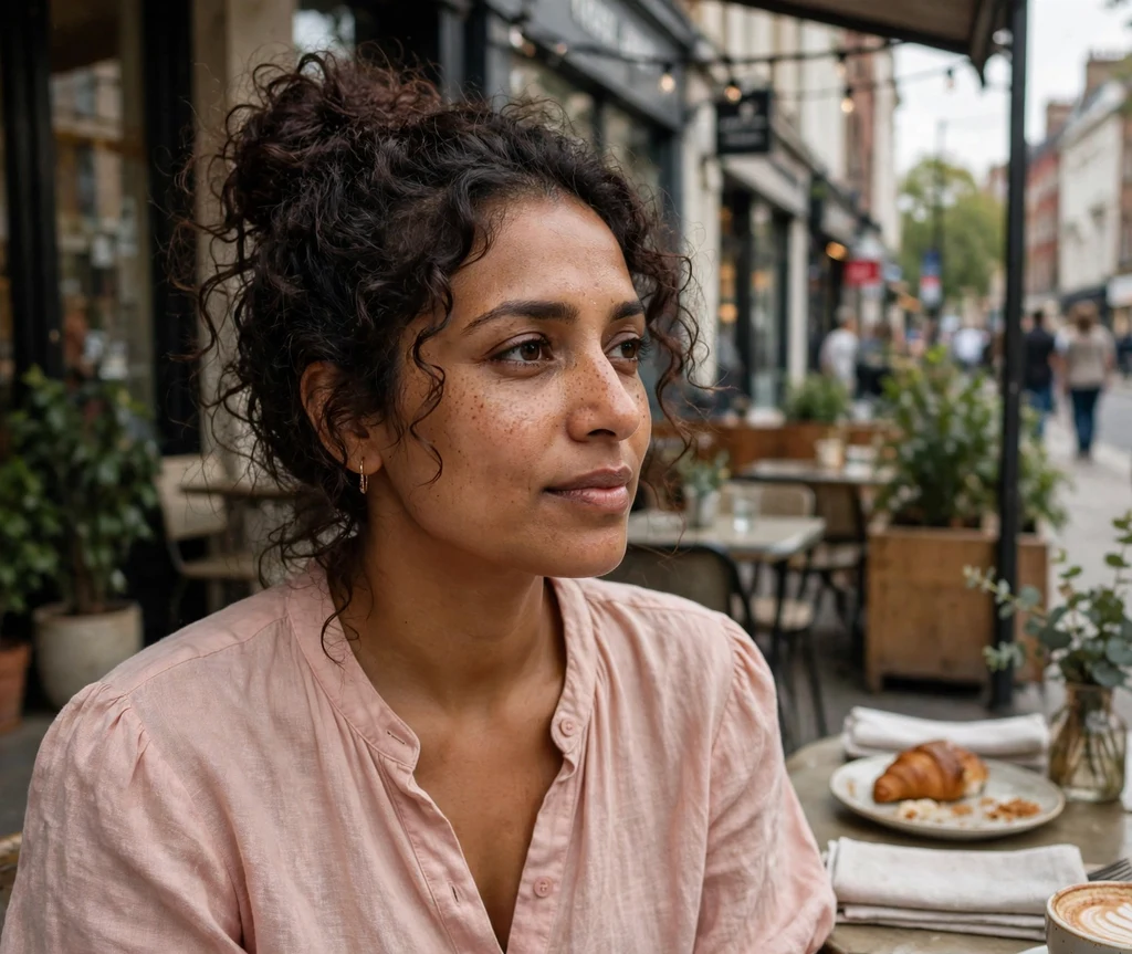 Woman with a loose curly top knot at a sidewalk cafe
