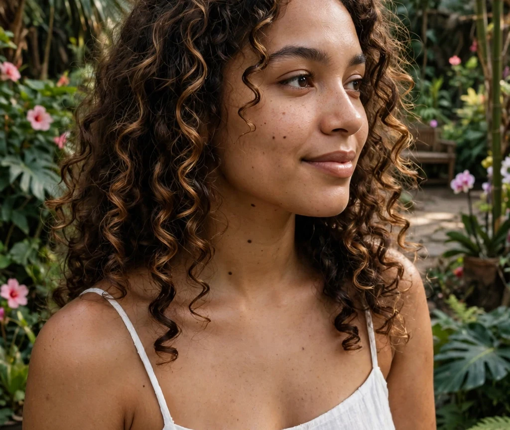 Woman with glossy defined ringlets in a botanical garden