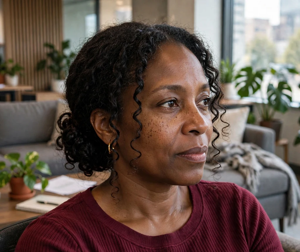 Woman with a curly low bun and face-framing curls in a lounge
