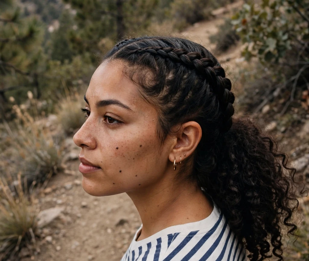 Woman with double Dutch braids into a curly ponytail on a trail