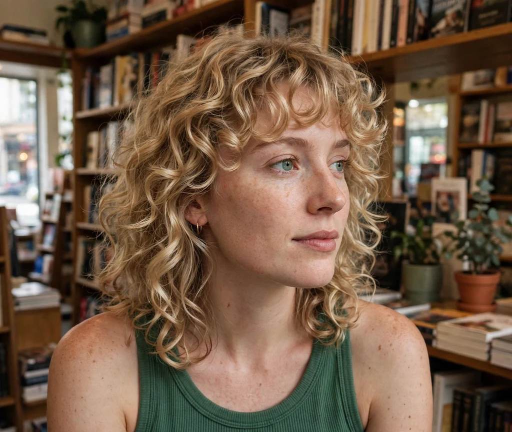 Woman with curly bangs and layered curls in a bookstore