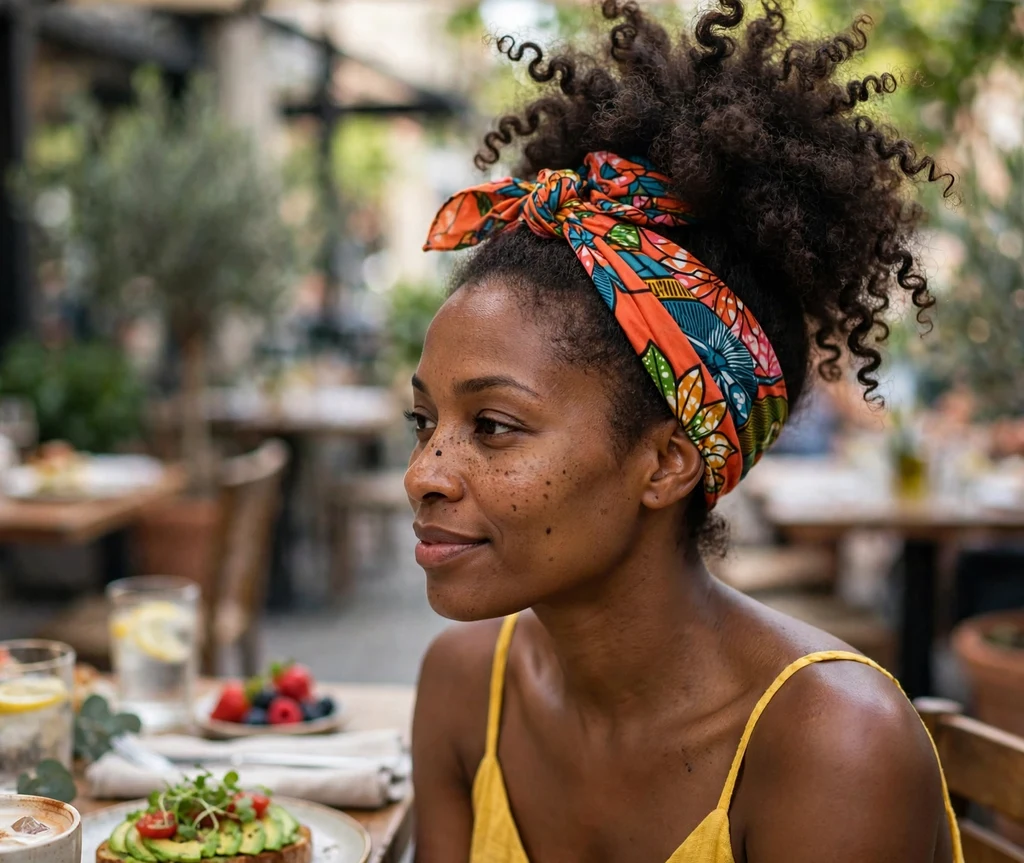 Woman with a scarf-wrapped pineapple of curls at brunch