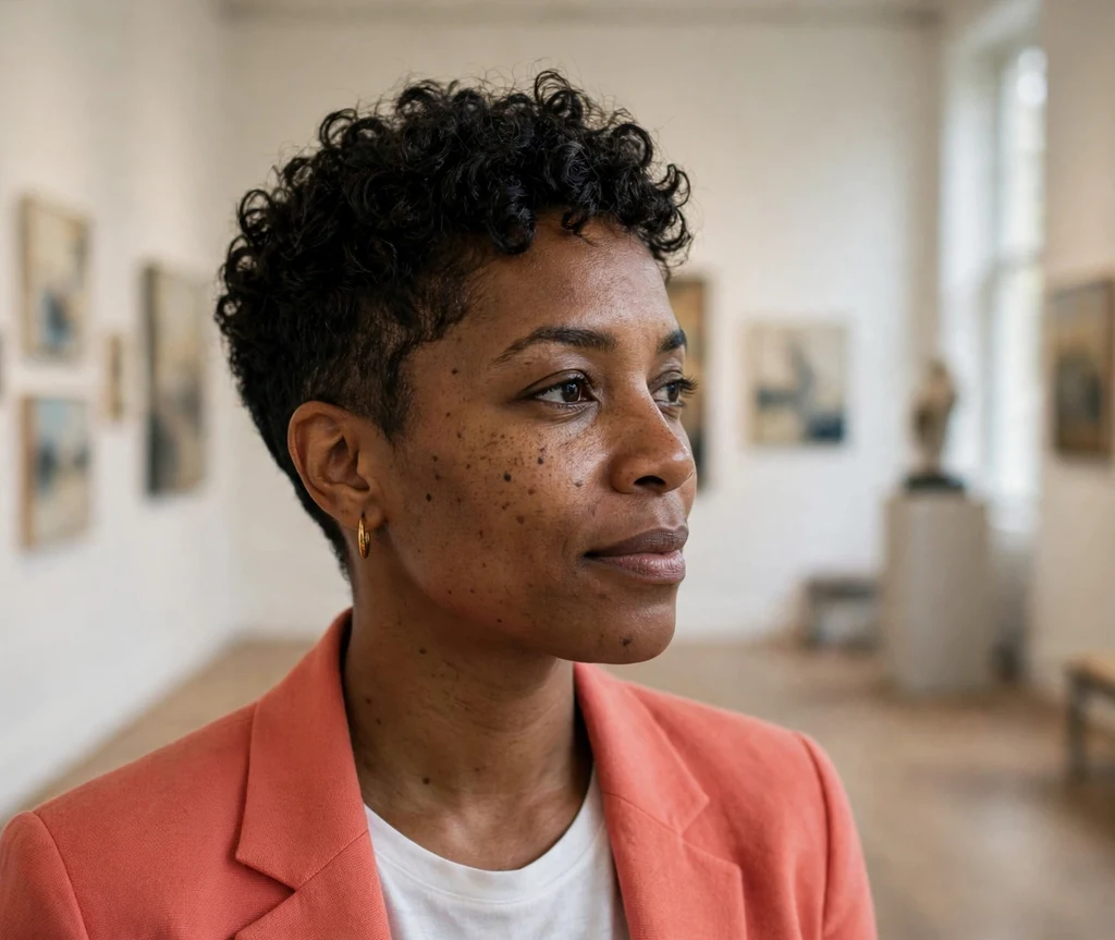 Woman with a short curly pixie cut in an art gallery