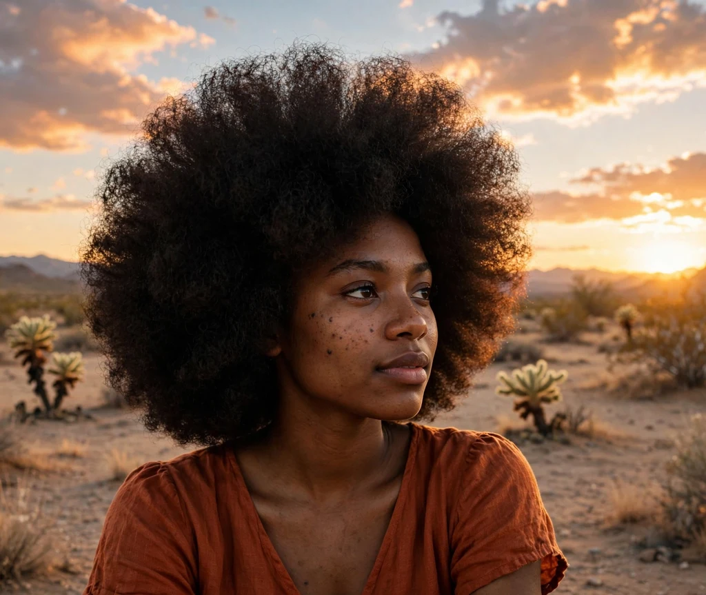 Woman with a big rounded afro at sunset