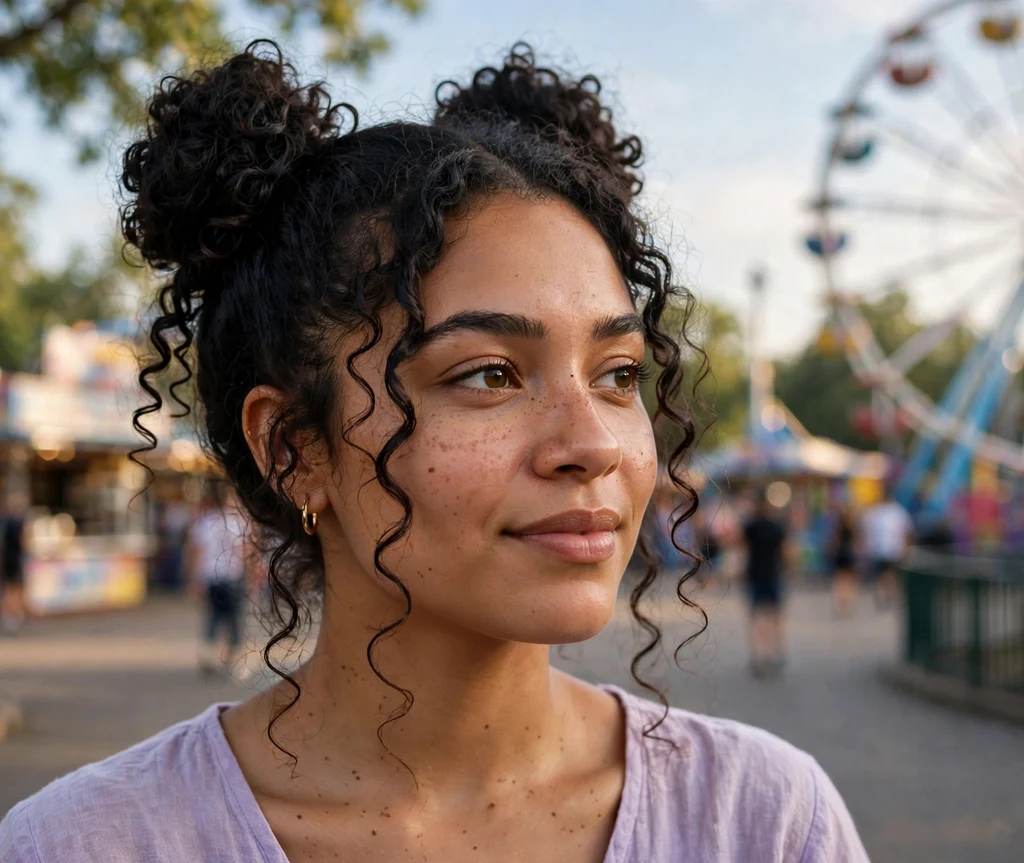 Woman with curly space buns at an amusement park