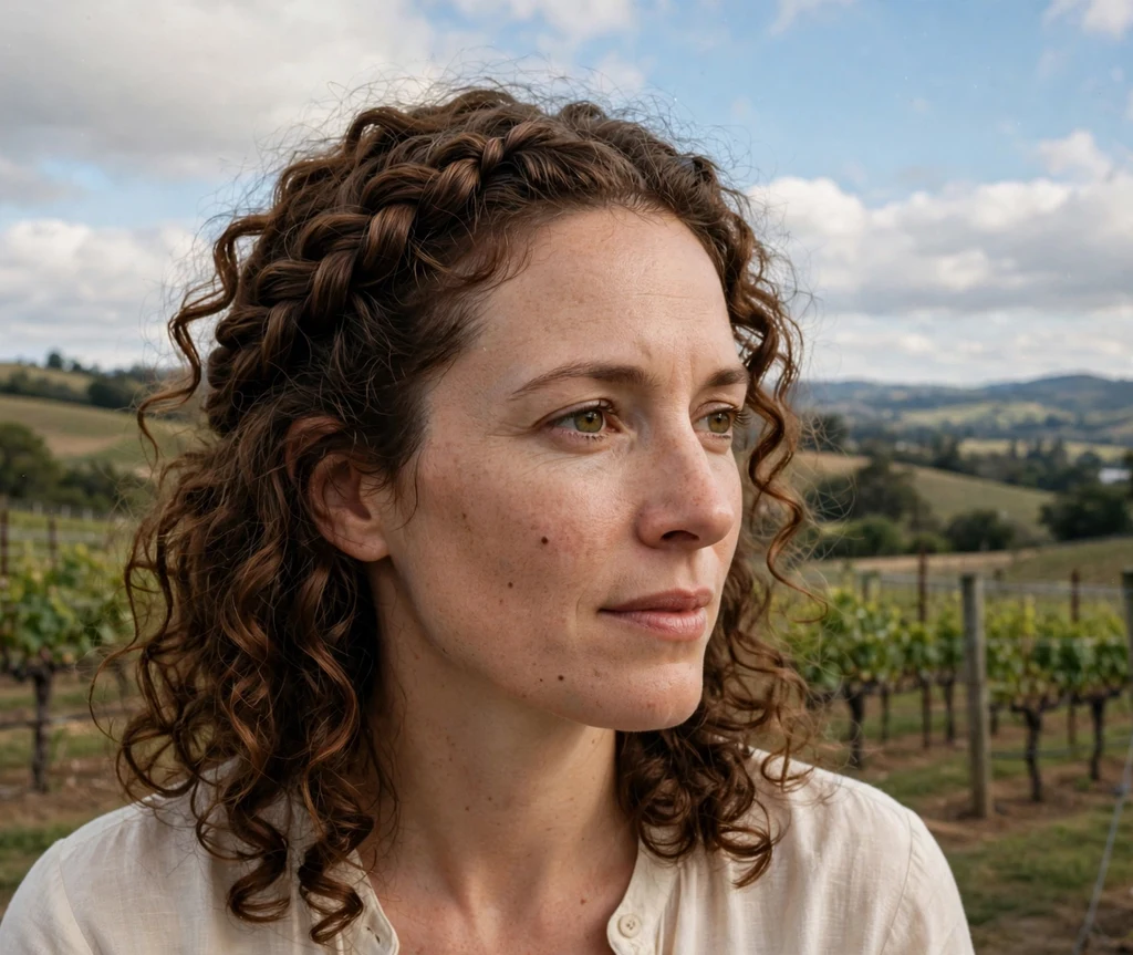 Woman with a waterfall twist on curly hair at a vineyard