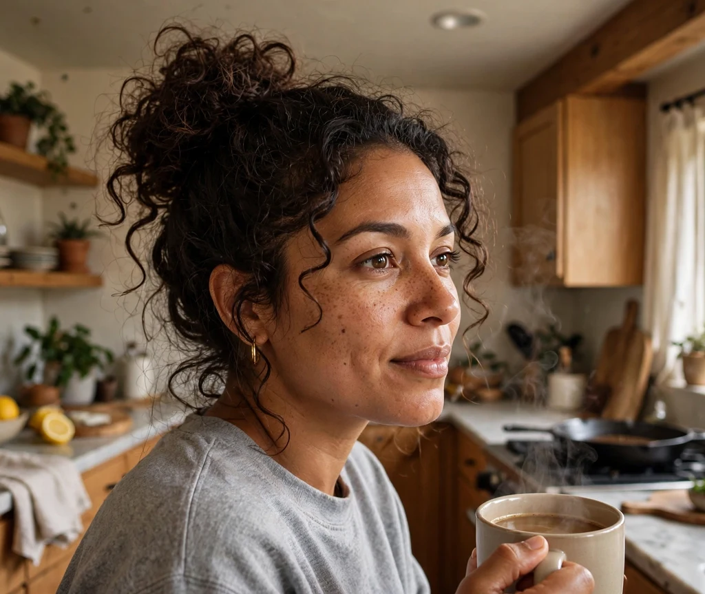 Woman with a curly messy bun in a home kitchen