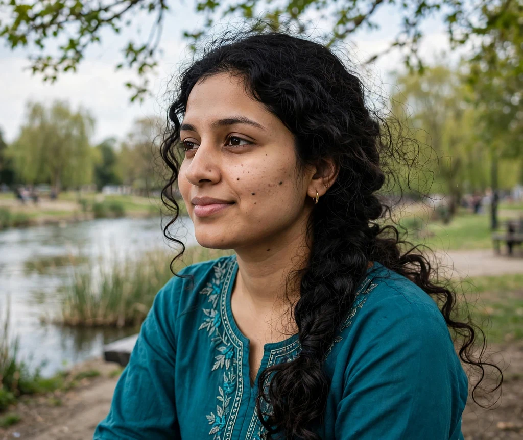 Woman with a loose side braid on curly hair in a park