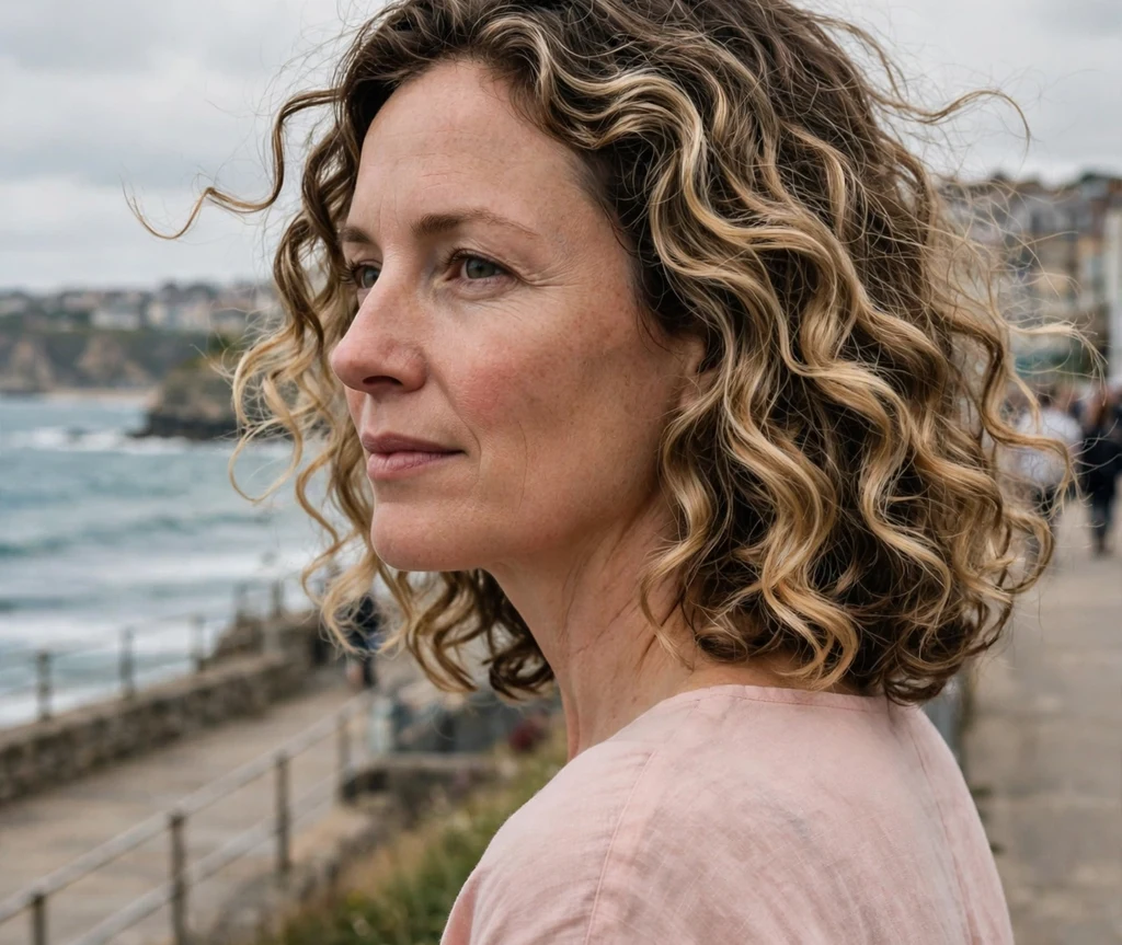 Woman with a curly lob long bob on a seaside promenade