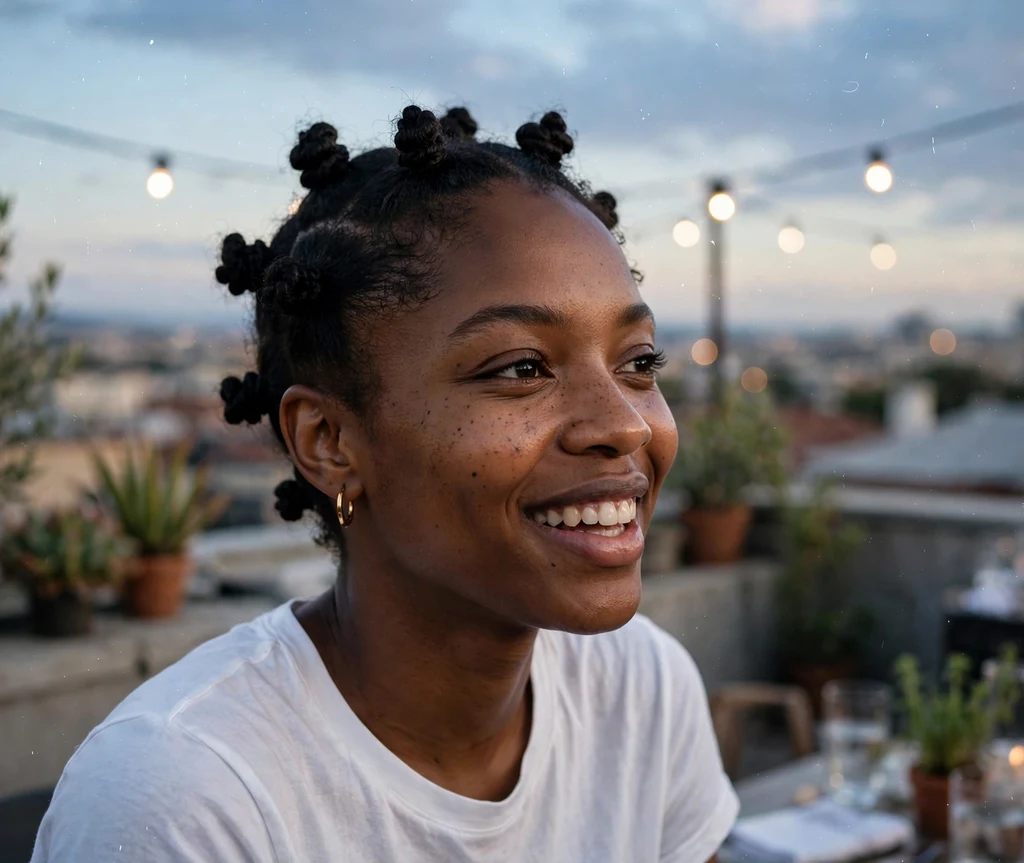 Woman with a neat bantu knots at a rooftop party