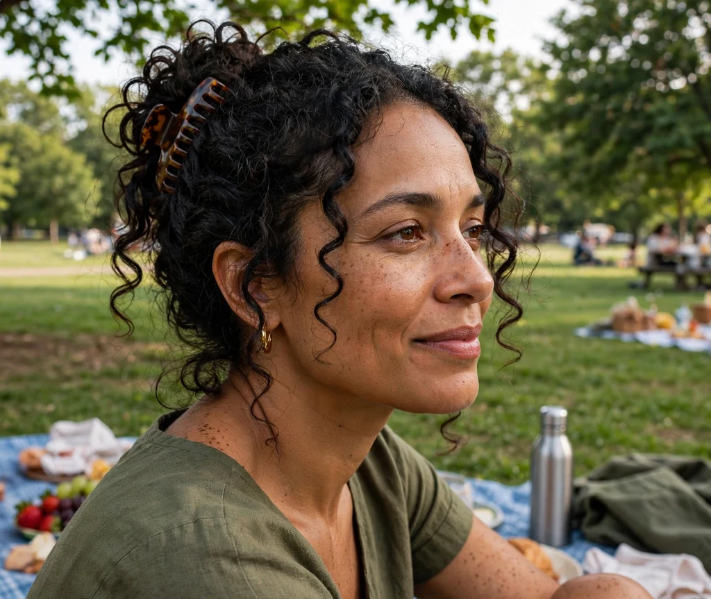 Woman with a curly claw clip updo at a picnic