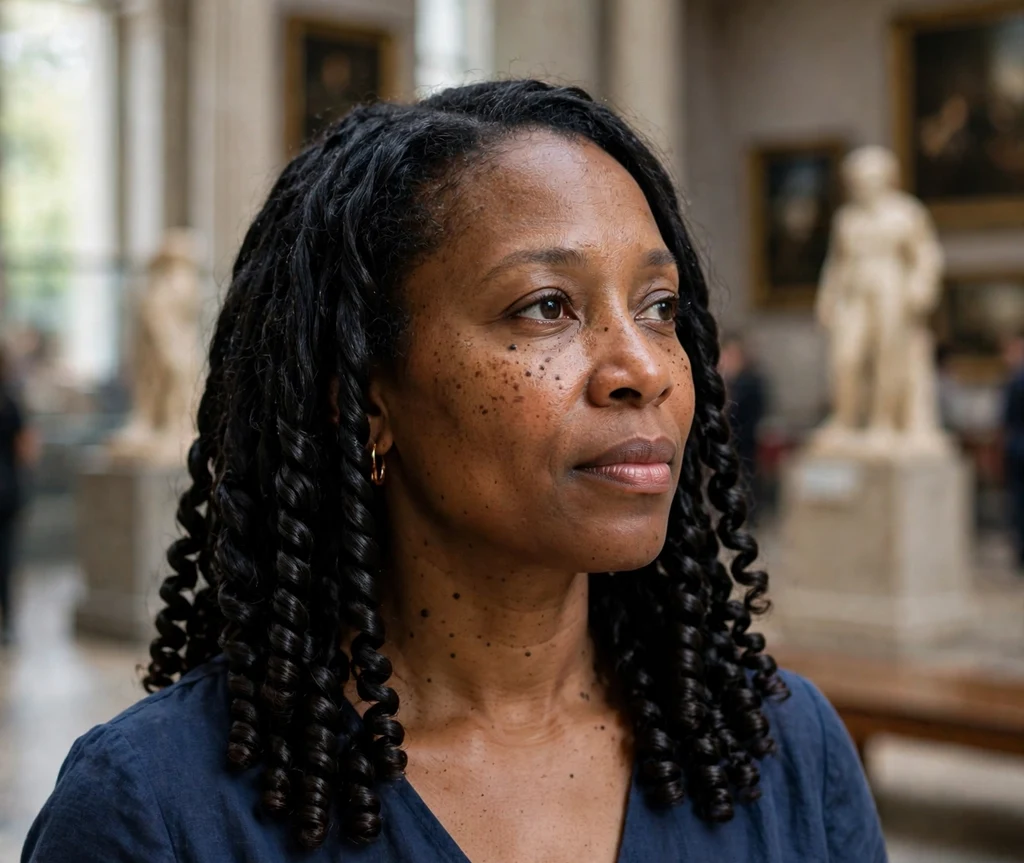 Woman with glossy defined finger coils in a museum