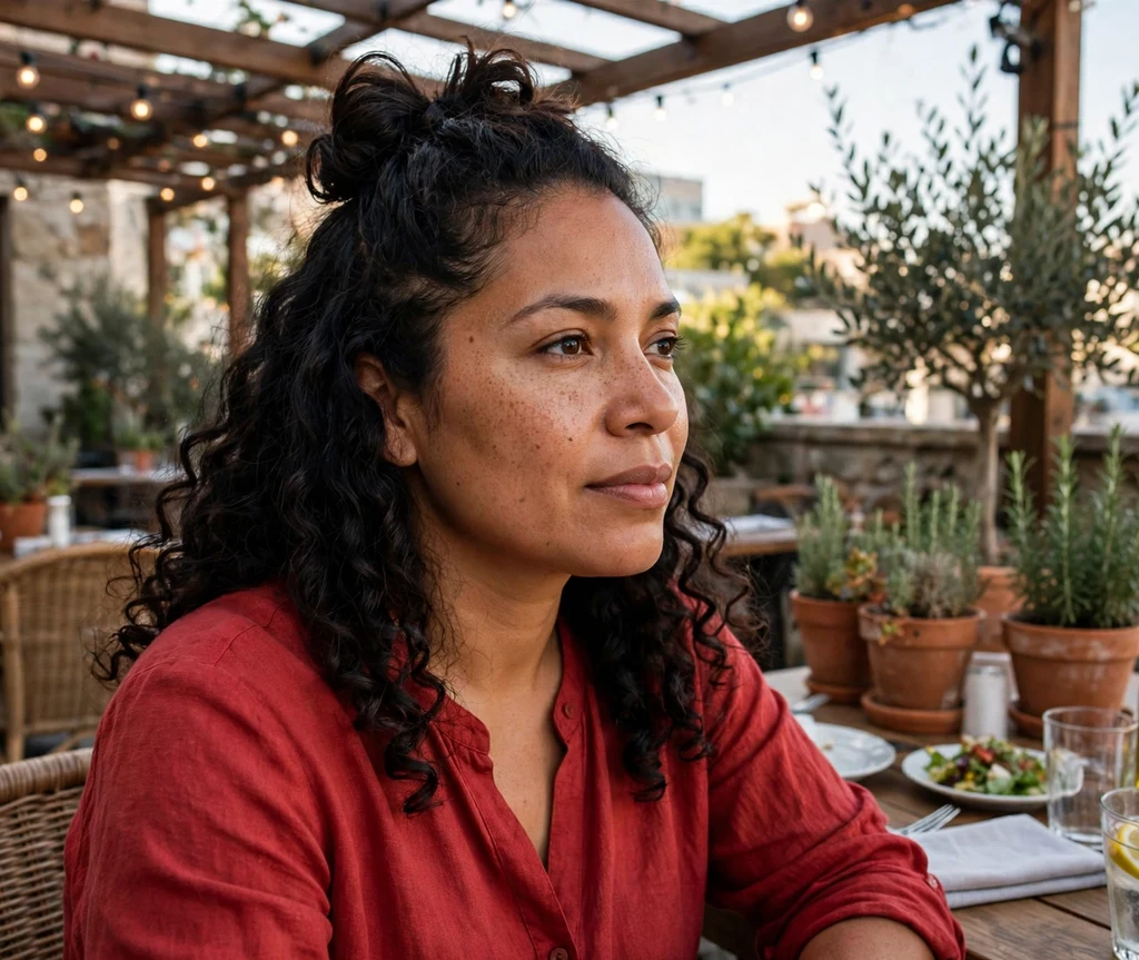 Woman with a curly half-up bow hairstyle on a terrace